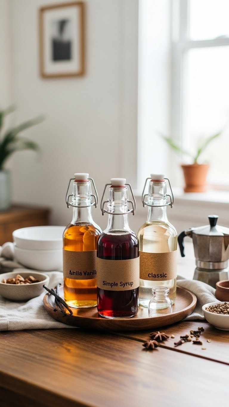 Top-down flat lay of three colorful simple syrups in glass bottles arranged on wooden tray with vanilla beans and coffee accessories.