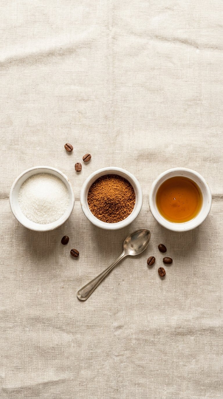 Top-down flat lay of three white ceramic bowls containing white sugar, coconut sugar, and maple syrup with coffee beans