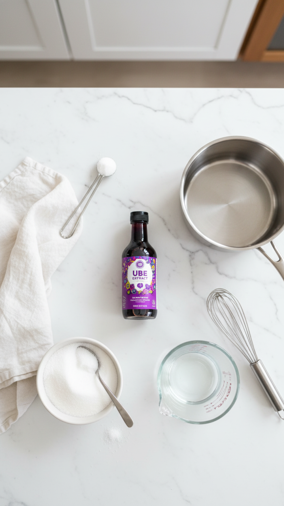Top-down flat lay of ube coffee syrup ingredients including vibrant purple ube extract, sugar, saucepan, and whisk arranged on white marble countertop
