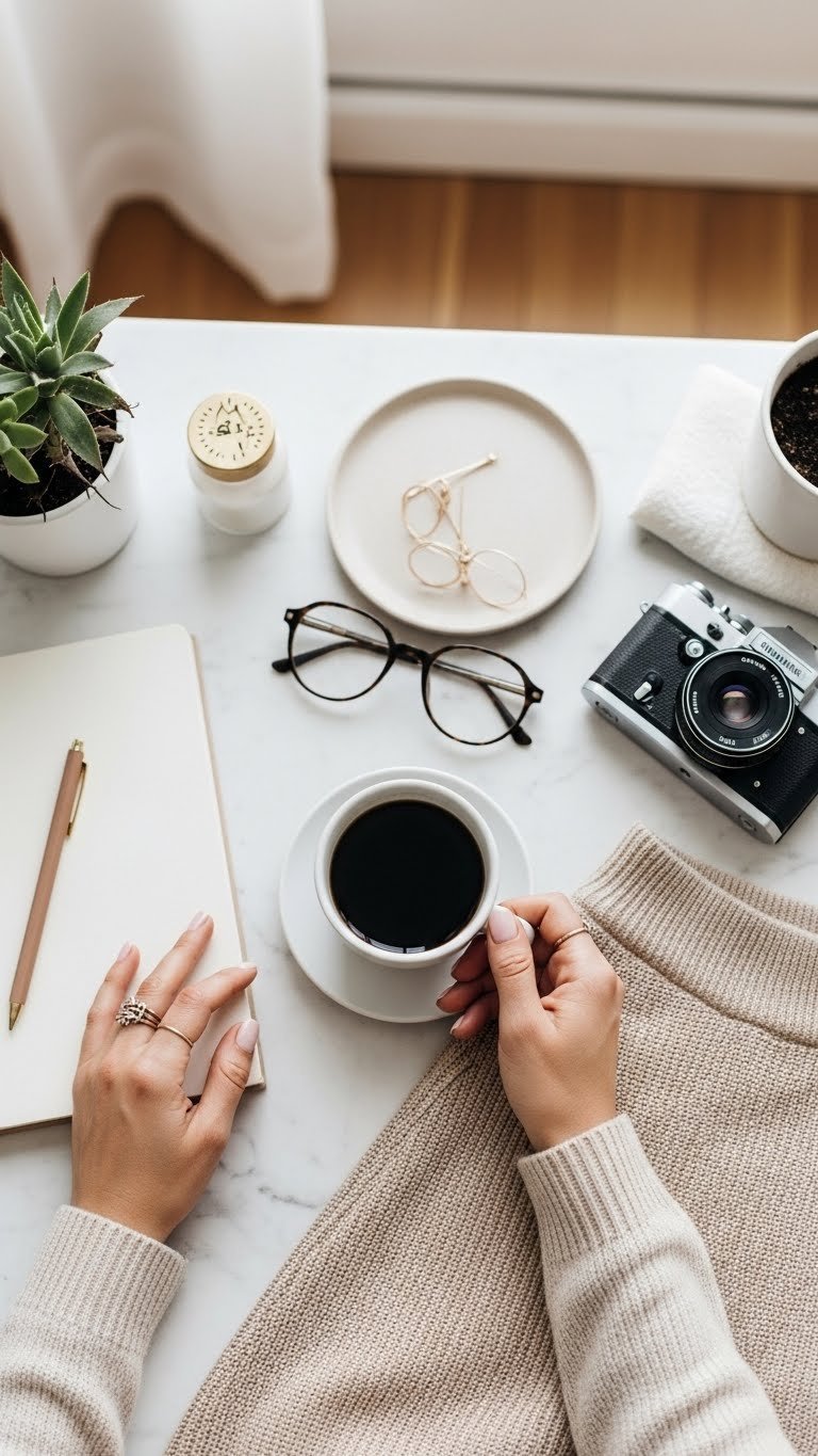 Top-down flat lay showcasing black coffee girl lifestyle elements including journal, coffee cup, and vintage camera on light wooden surface