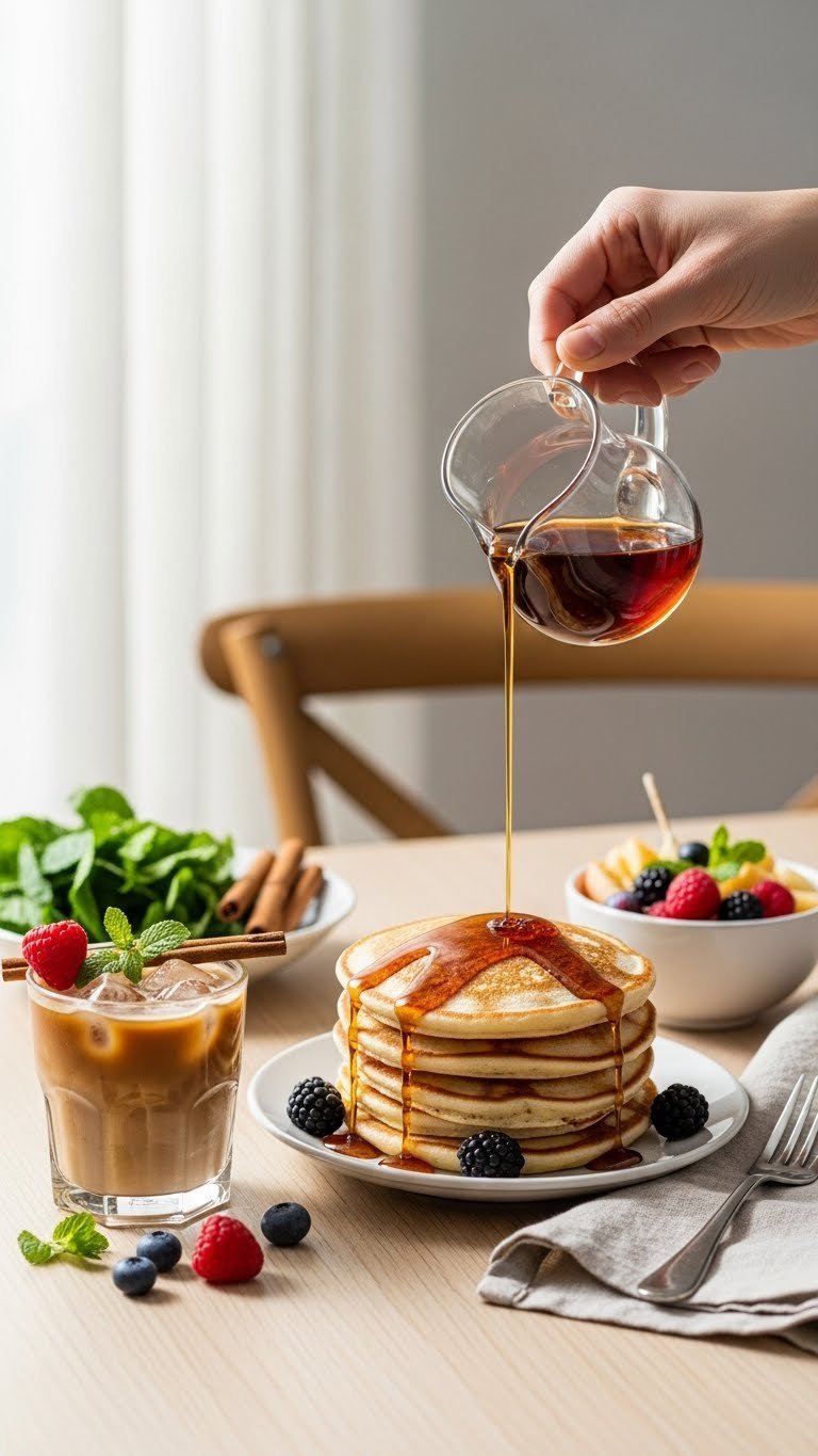 Top-down flat lay showing cinnamon dolce syrup uses with iced coffee, pancakes, and fresh fruit
