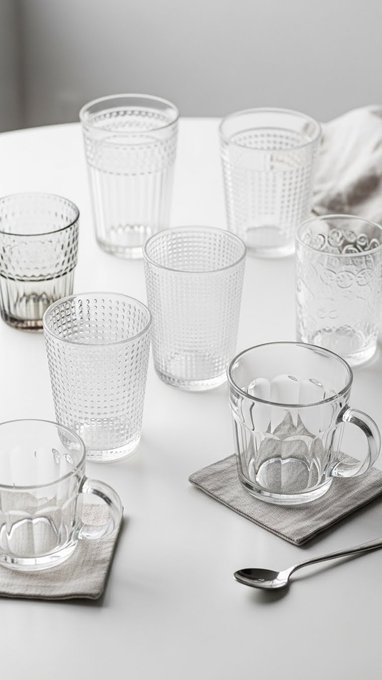 Top-down view of assorted clear glass cups and mugs arranged neatly on minimalist white table surface