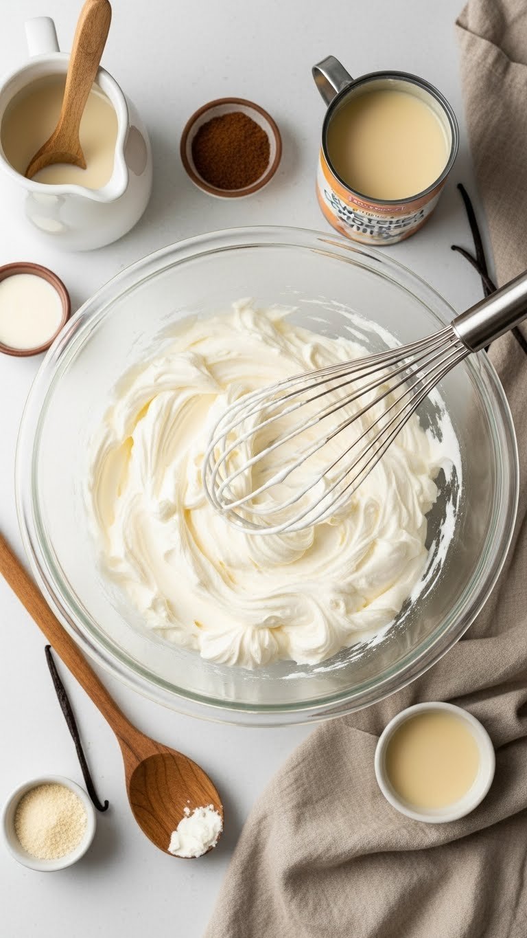 Top-down view of creamy whipped heavy cream and condensed milk no-churn ice cream base on minimalist white surface