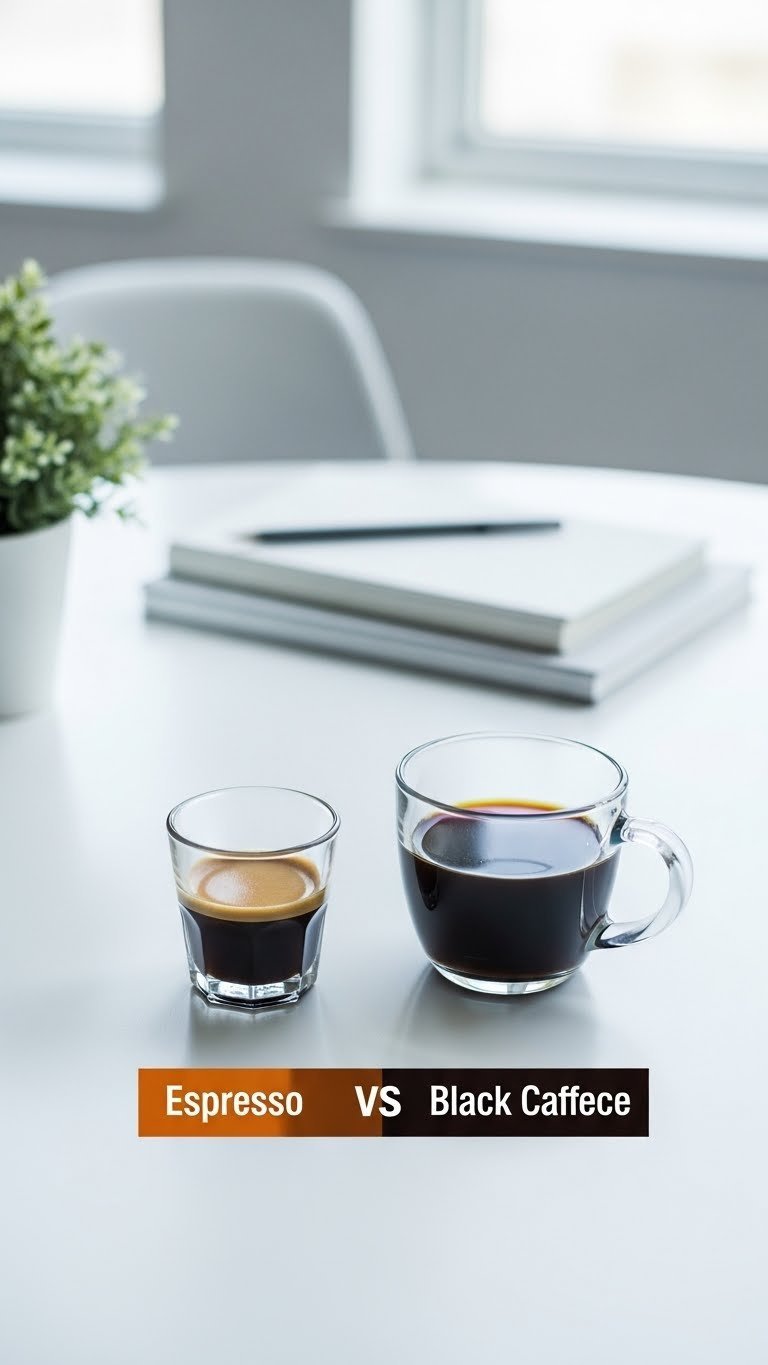 Top-down view of espresso and black coffee mugs with visual caffeine gradient representation on clean white workspace table.