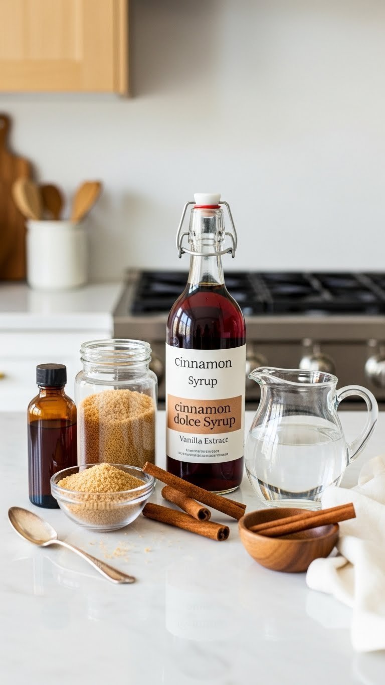 Top-down view of fresh cinnamon dolce syrup ingredients arranged on marble countertop with cinnamon sticks and vanilla extract