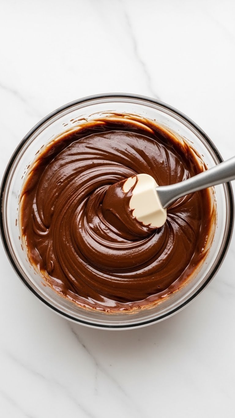 Top-down view of glossy dark coffee ganache in glass bowl with silicone spatula on marble countertop