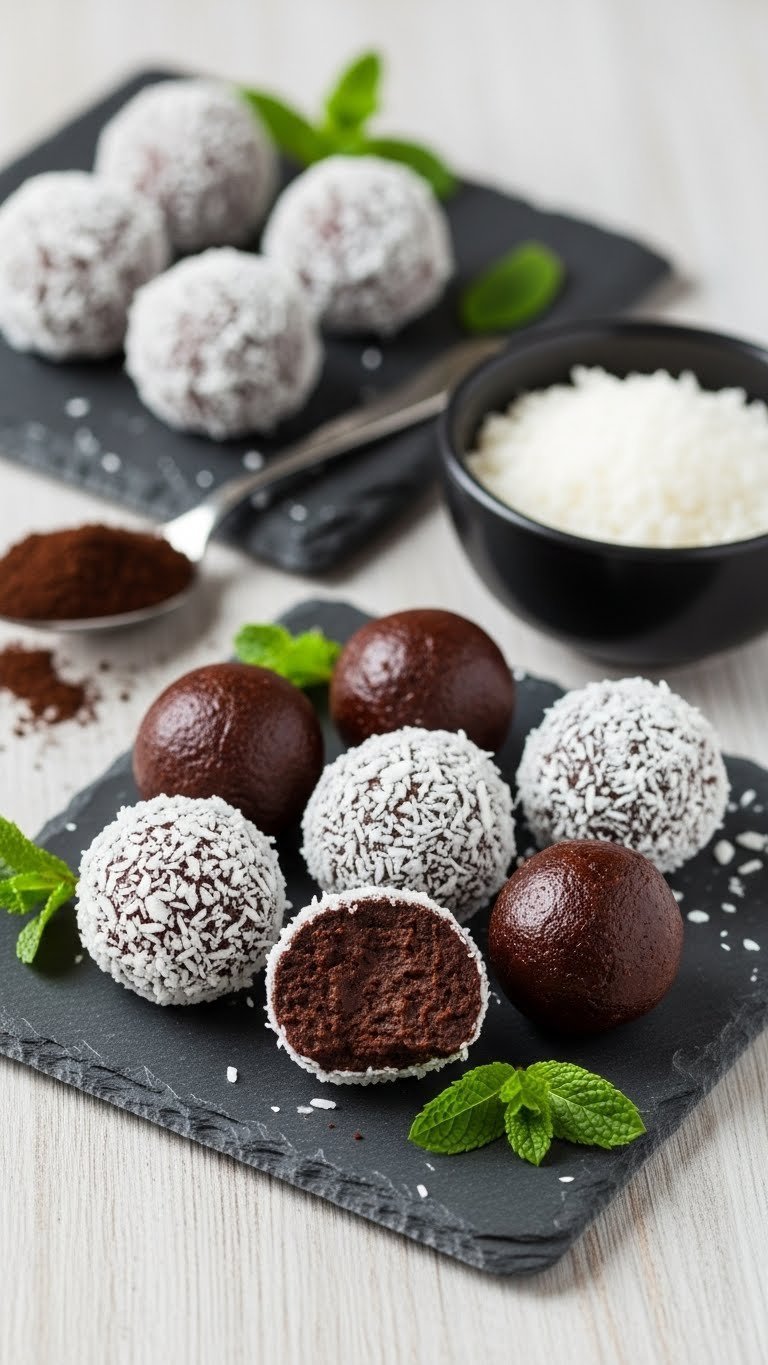 Top-down view of glossy keto coffee truffles coated in coconut on charcoal slate board with mint and coffee grounds in bright daylight