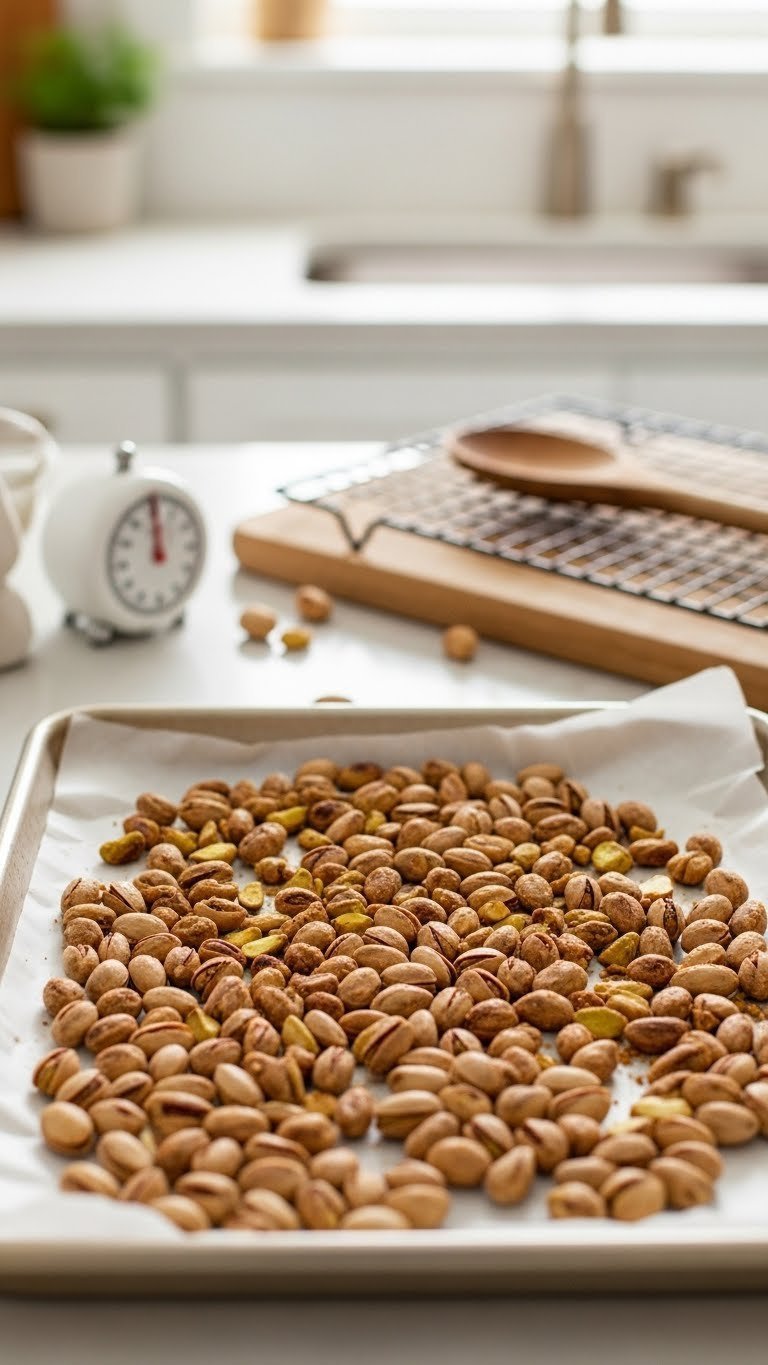 Top-down view of golden-brown toasted pistachios spread evenly on baking sheet with parchment paper in warm kitchen setting
