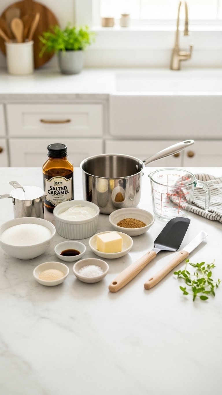 Top-down view of organized kitchen counter with salted caramel coffee syrup ingredients including sugar, cream, butter, vanilla extract, and sea salt in elegant bowls.