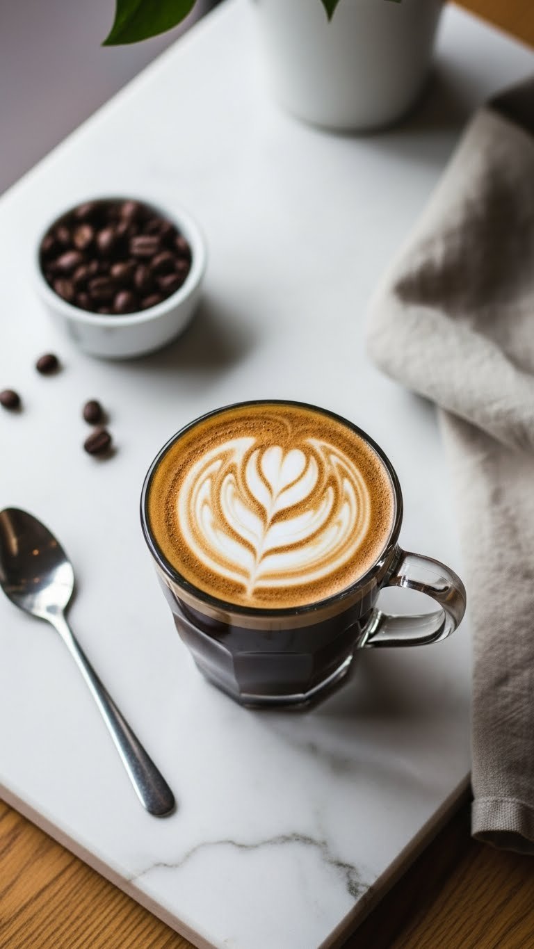 Top-down view of perfect latte art rosetta pattern on black coffee in clear glass mug with scattered coffee beans.