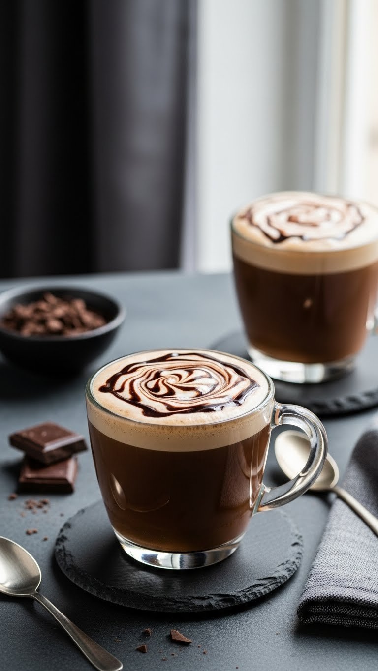 Top-down view of rich keto mocha with heavy cream swirl and sugar-free chocolate syrup drizzle on dark slate coaster