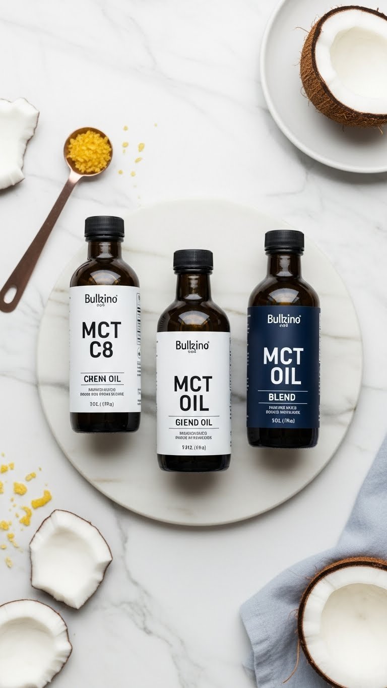 Top-down view of three clear MCT oil bottles with coconut flakes on minimalist marble surface