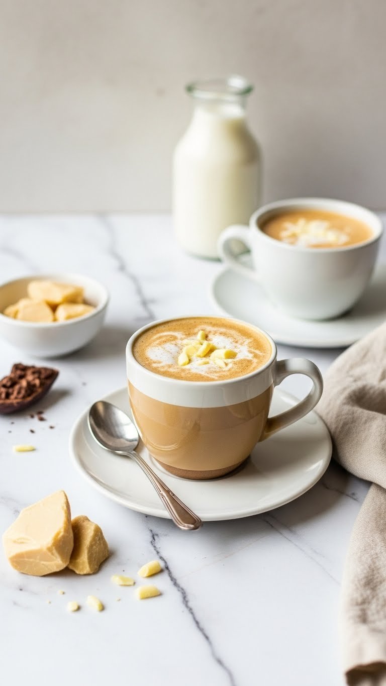 Top-down view of white chocolate keto mocha in ceramic cup with sugar-free chocolate shavings on marble surface.