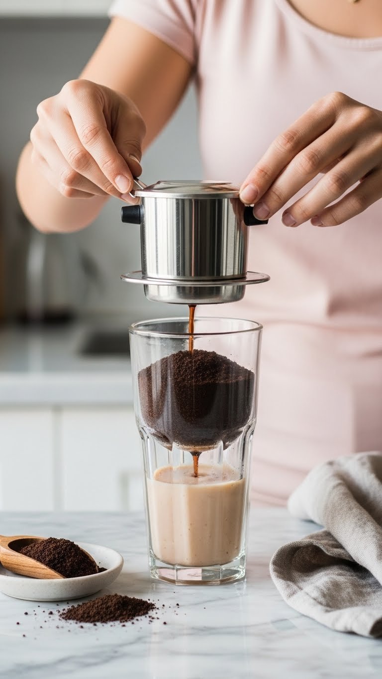 Traditional Vietnamese phin filter assembled on glass with dark coffee grounds on marble countertop