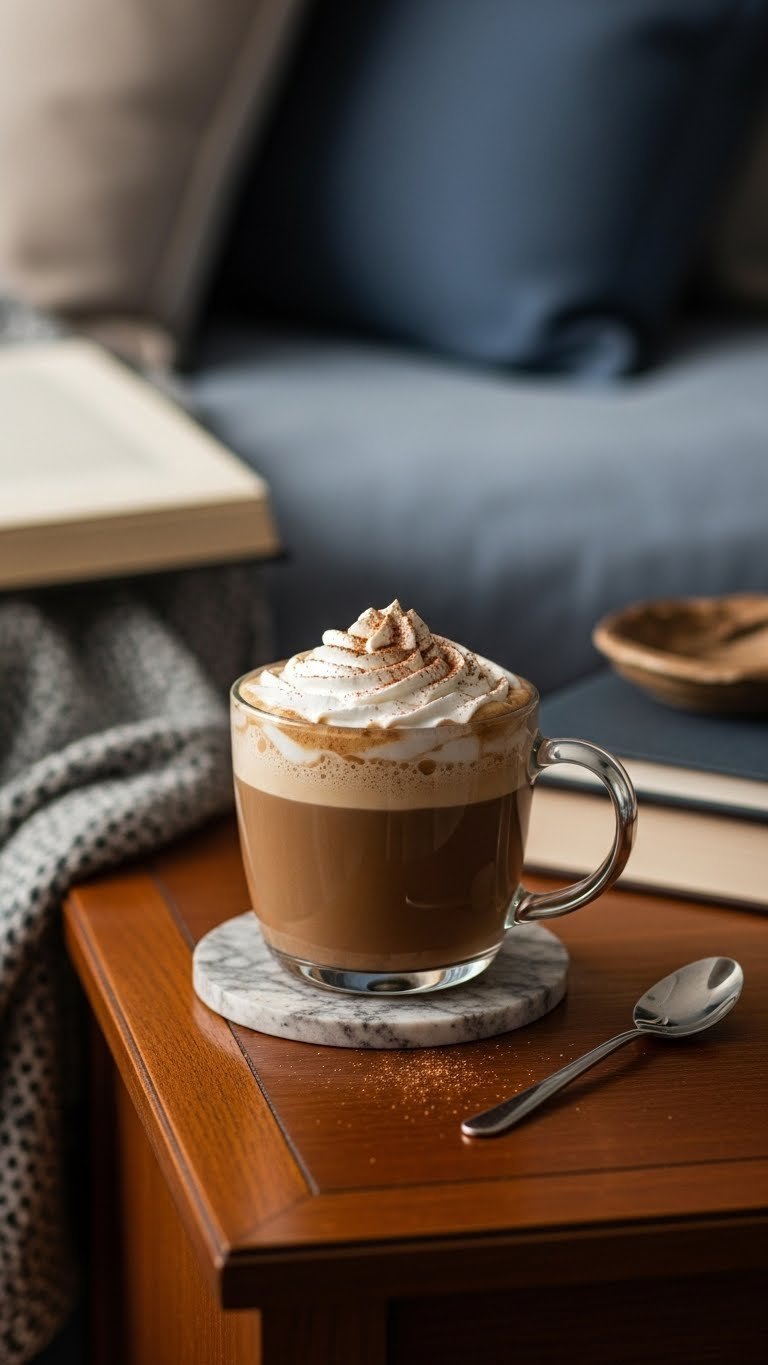 Tranquil decaf protein whipped coffee nightcap with soft foam dusted with cocoa, in a cozy mug on a wooden nightstand.