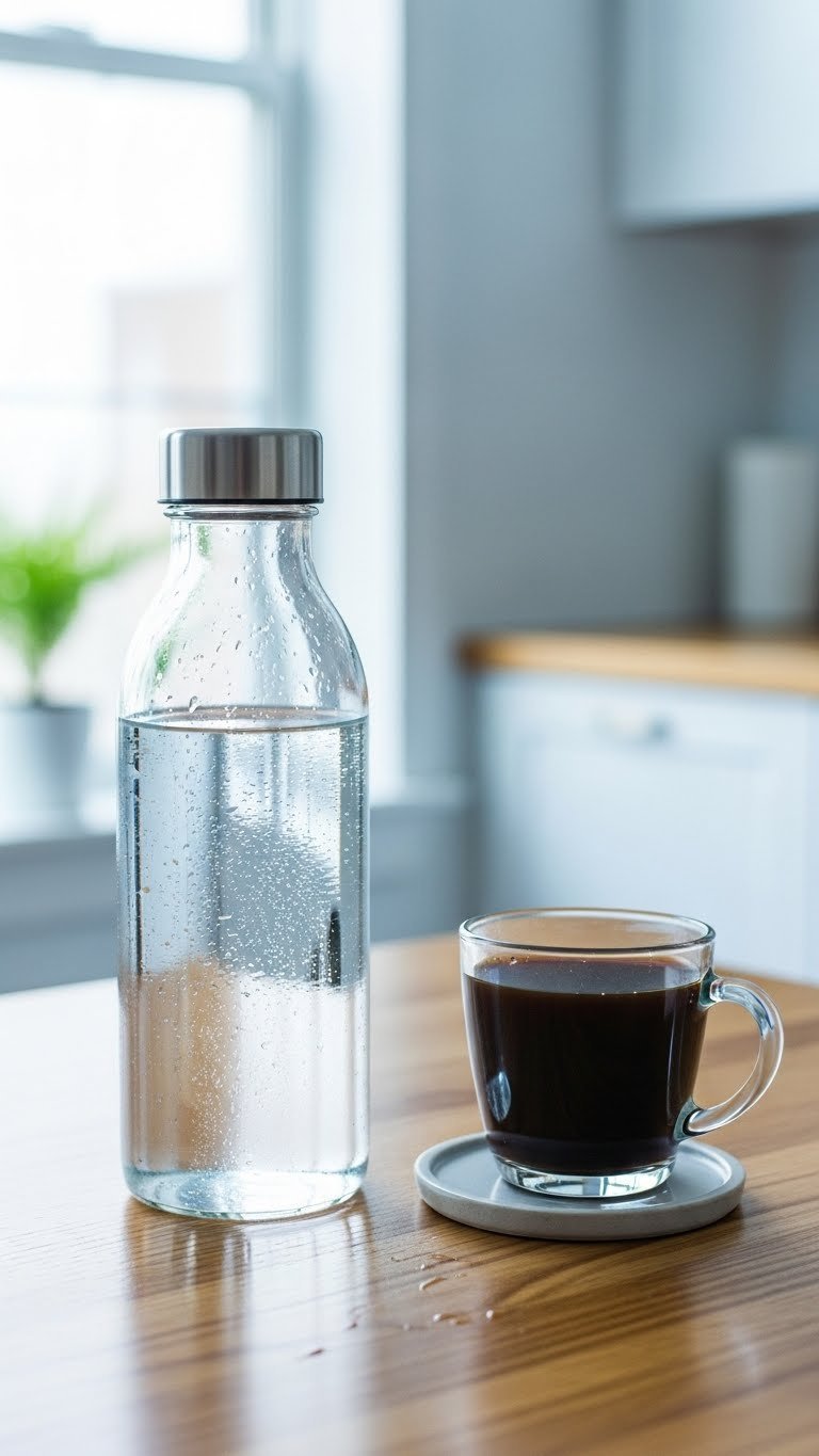 Transparent glass water bottle with condensation next to black coffee cup on wooden table