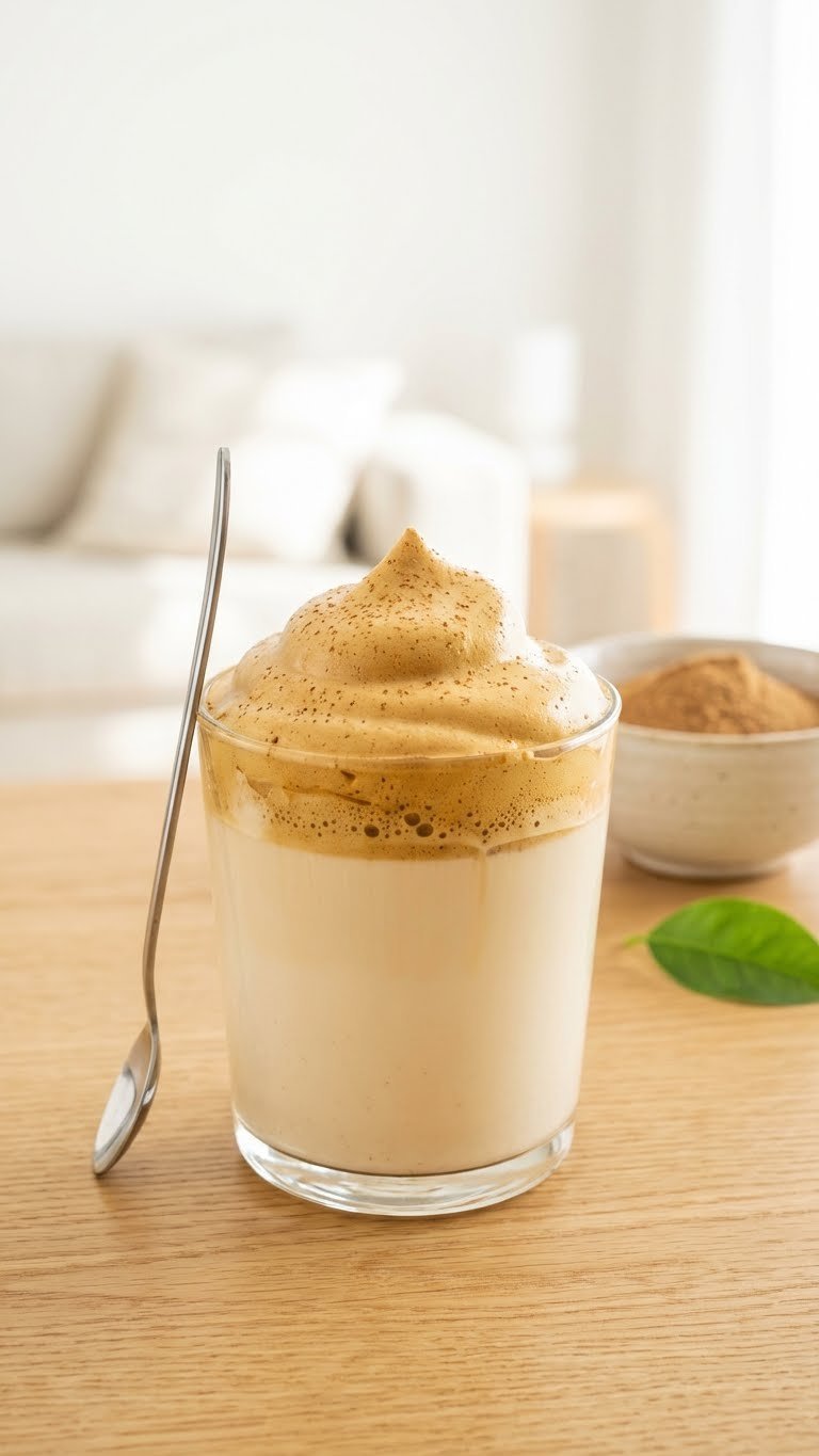 Trendy Dalgona chai latte with fluffy golden foam and milk layers in a glass on a modern wooden table with a green leaf.