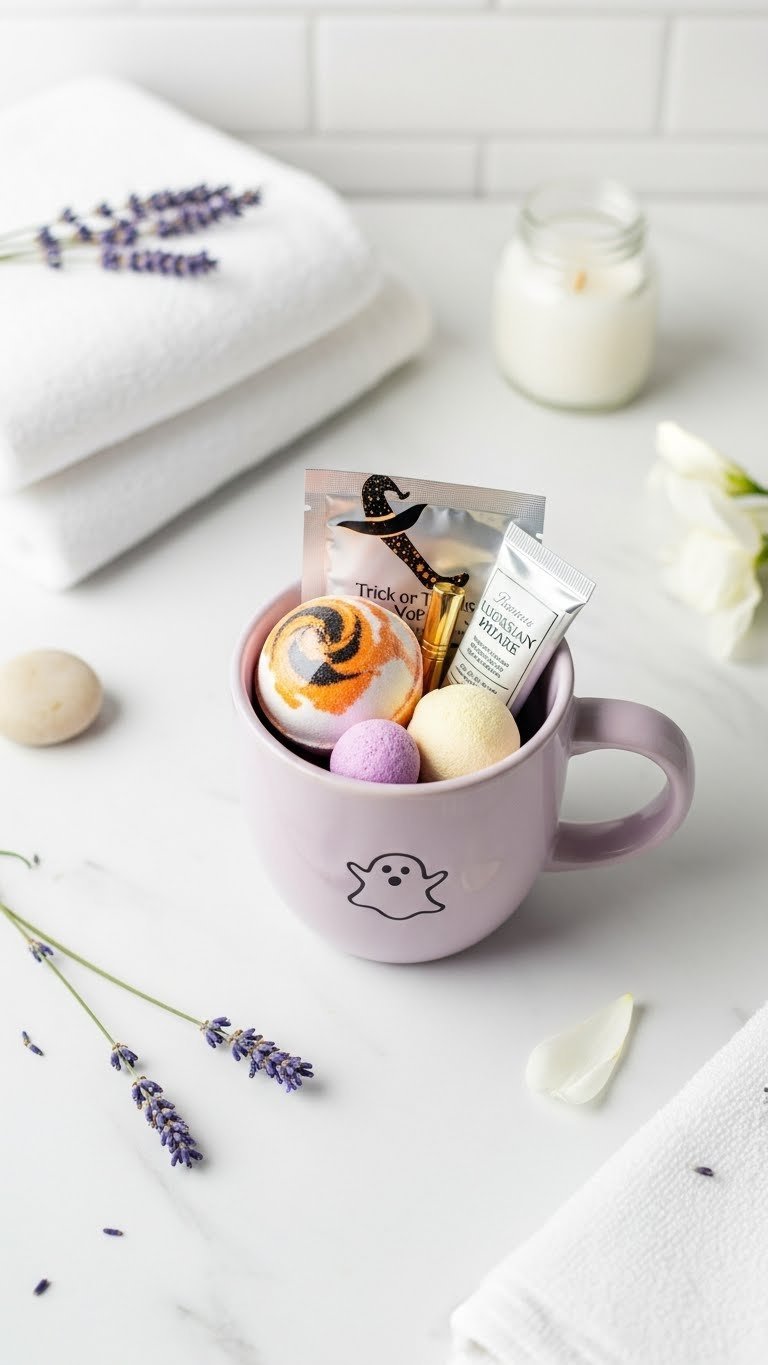 Trick or treat yourself spa Halloween mug with ghost icon filled with bath bombs, face mask, and hand cream