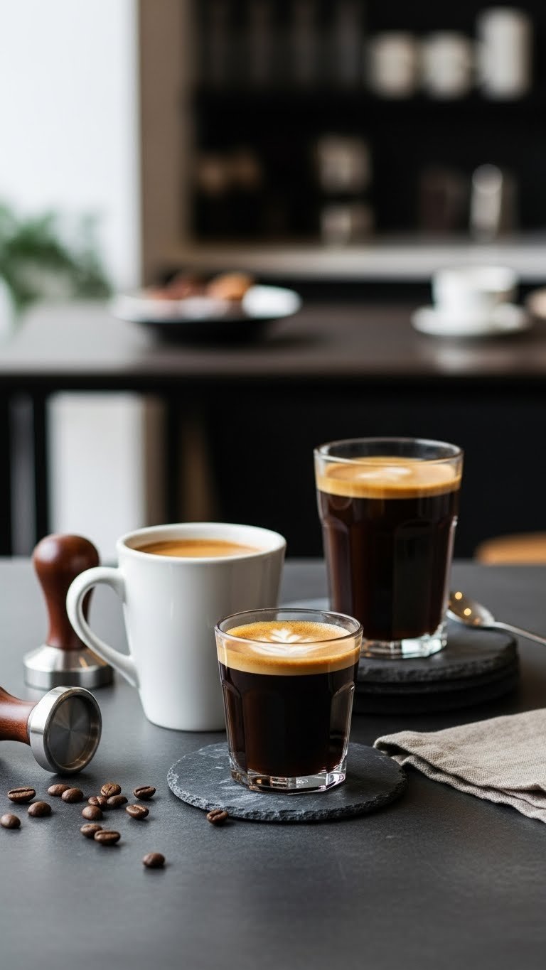 Trio of black espresso drinks including Americano, Long Black, and espresso shot arranged artfully