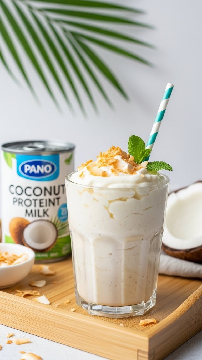 13 Bariatric Protein Coffee Recipes That Taste Amazing 22 Tropical coconut cream protein coffee in a glass on bamboo tray