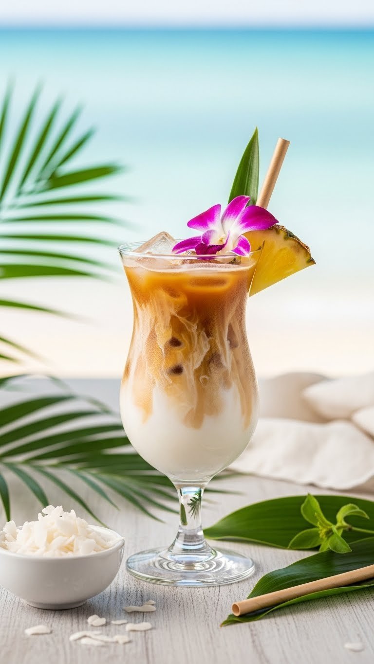 Tropical coconut dream iced coffee with pineapple slice, coconut milk swirls, and beach-wood surface background.