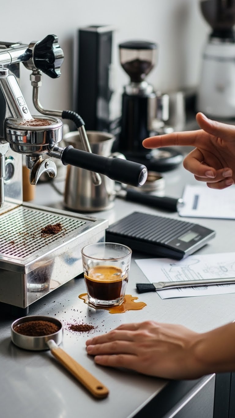 Troubleshooting espresso machine with imperfect extraction and thoughtful hand gesture