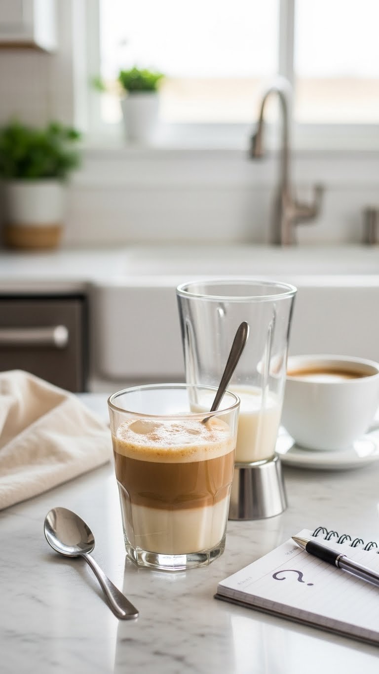 Troubleshooting homemade keto creamer showing separated mixture with immersion blender solution on marble countertop
