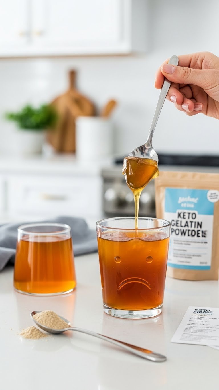 Troubleshooting keto coffee gelatin showing spoon pressing runny gelatin contrasted with perfect firm gelatin