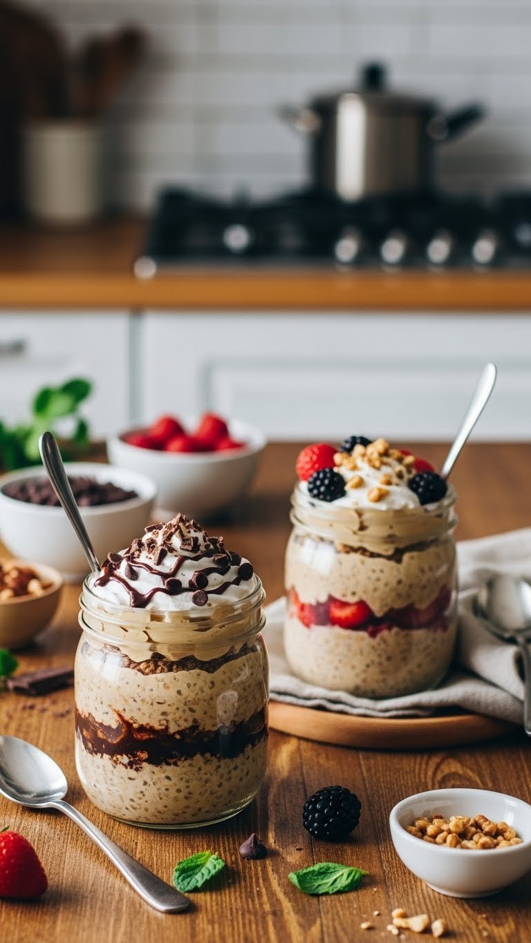 Essential Whipped Coffee Overnight Oats for Busy Mornings 7 Two customized whipped coffee overnight oats jars with chocolate and berry toppings variation