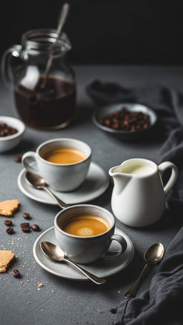 Two elegant ceramic demitasse cups with dark espresso shots and tiny pitcher of heavy cream on textured surface