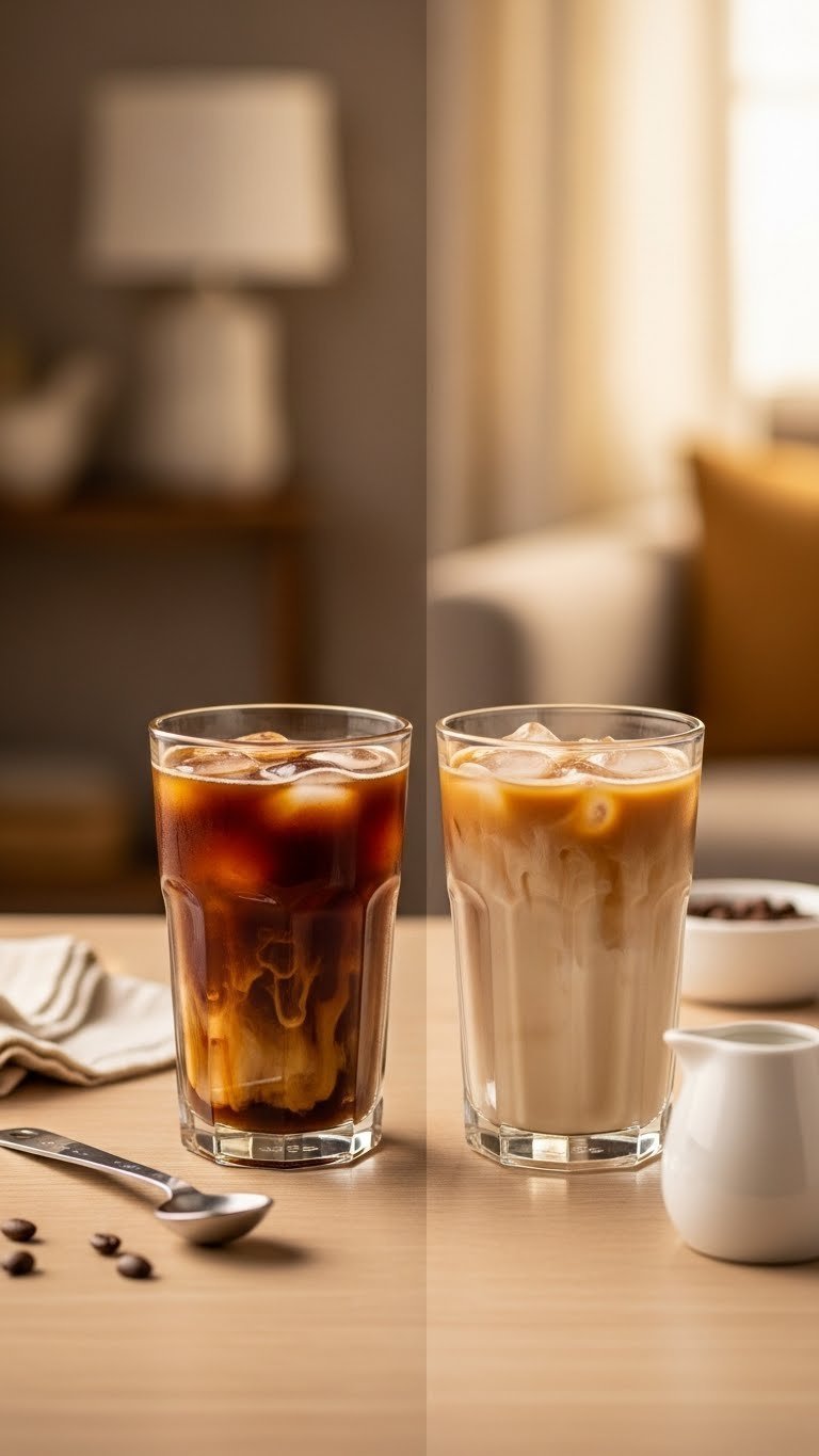 Two iced coffee glasses showing different coffee-to-creamer ratios with measuring spoon and creamer pitcher on wooden table.