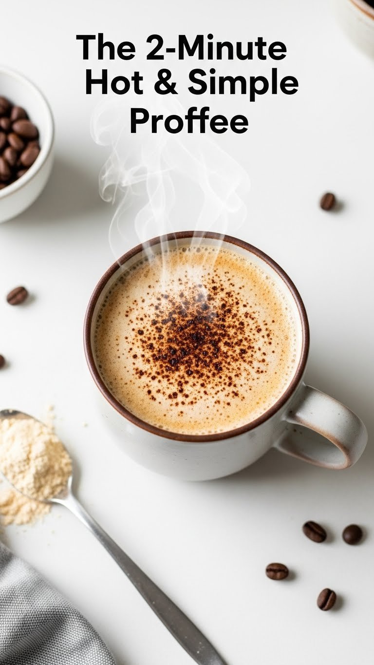 Deliciously Creamy Protein Coffee With Protein Powder 11 Two minute hot simple proffee in a mug on a white countertop