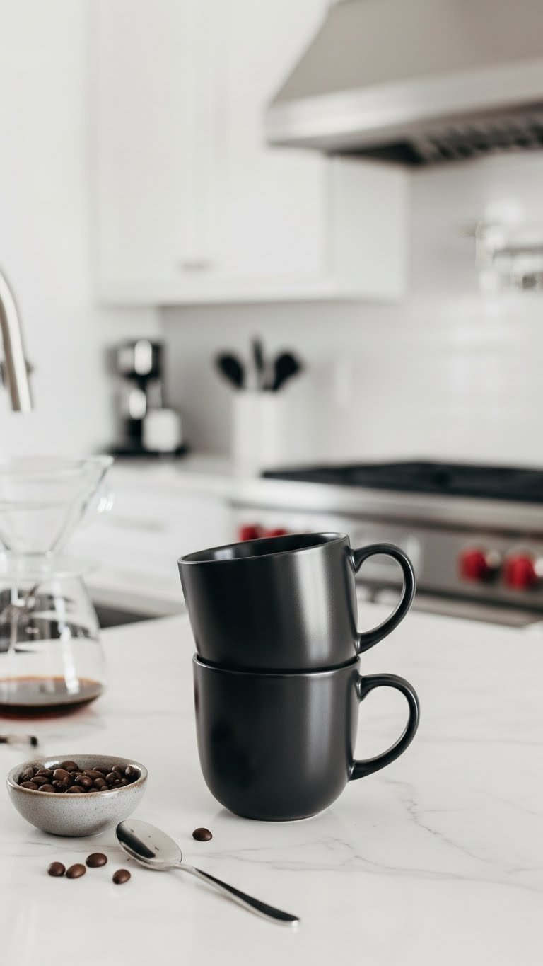 Two sleek ceramic black coffee mugs stacked on white marble countertop in modern kitchen interior