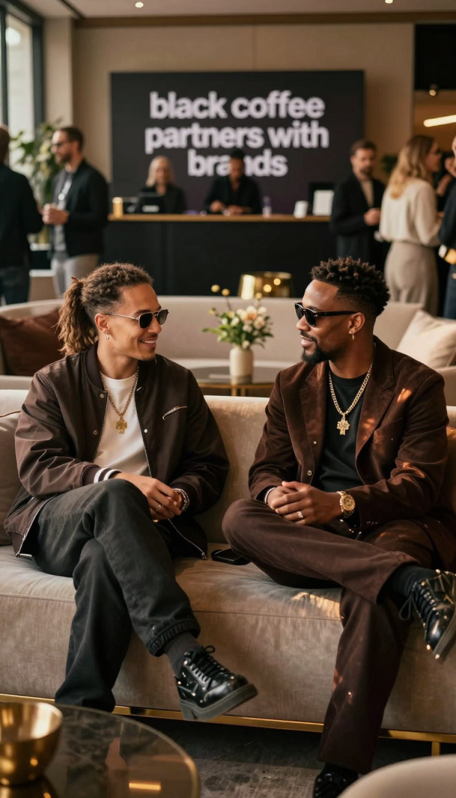 Two stylish DJs engaging in conversation at exclusive event with sophisticated interior lighting