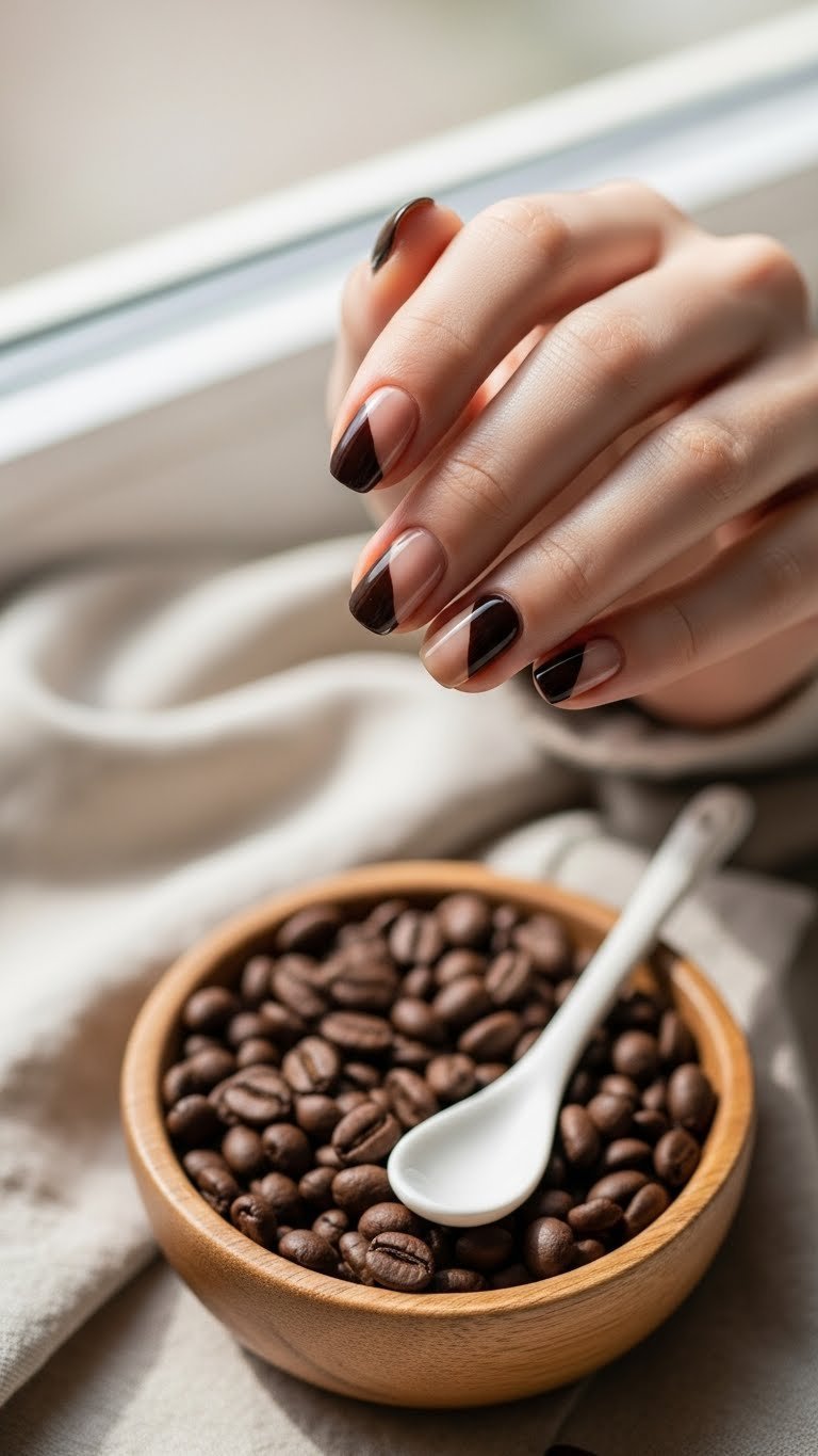Two-tone coffee bean nails mimicking roasted bean colors in rustic wooden bowl filled with coffee beans