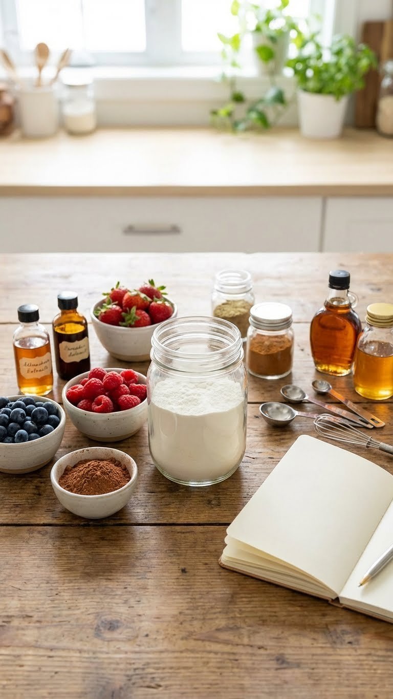 Easy Protein Coffee Creamer: Healthy Recipe for Delicious Mornings 13 Unflavored protein coffee creamer with berries, cocoa powder, spices, and extracts for DIY flavoring on a rustic kitchen table.