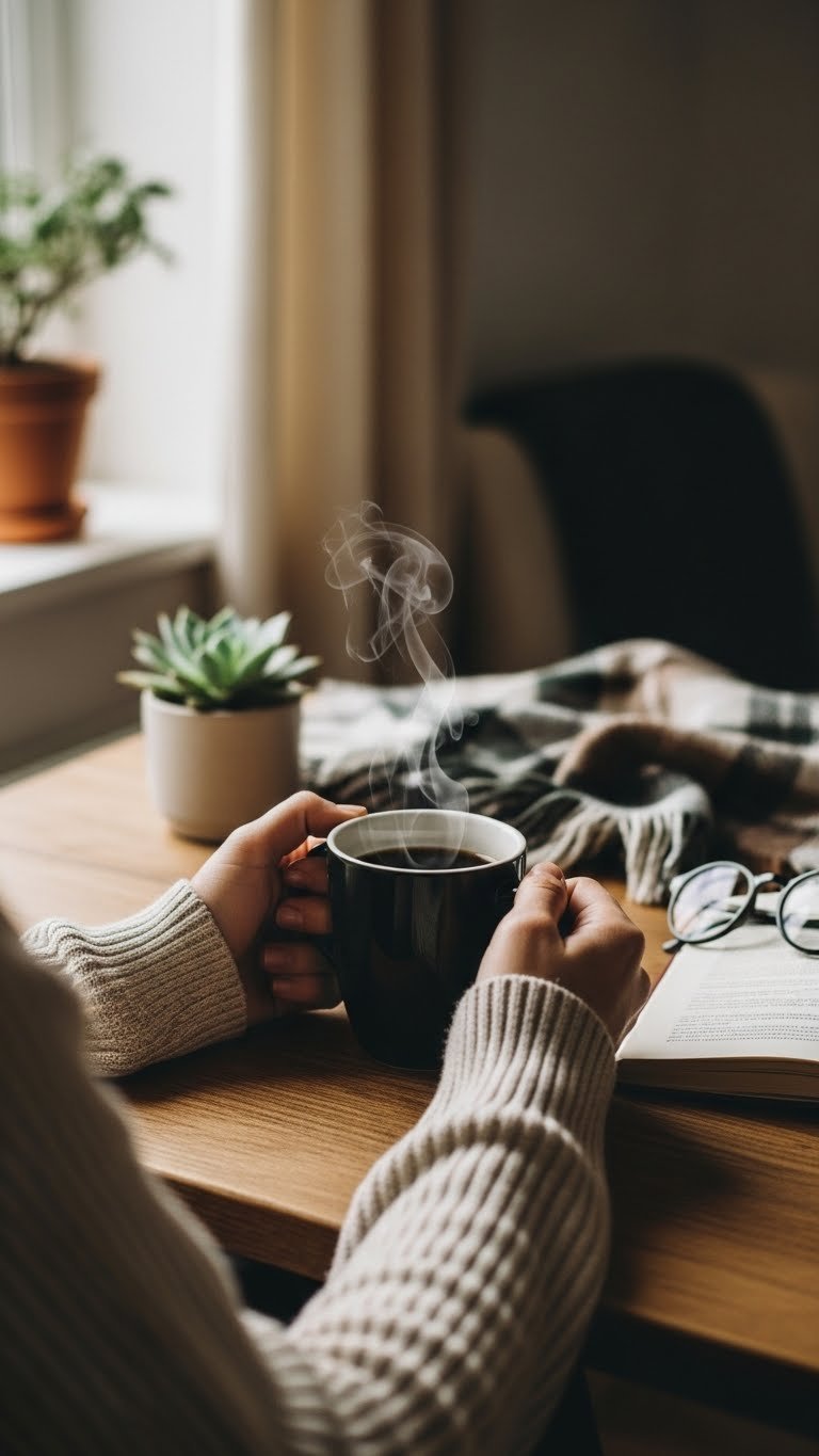 Unidentifiable person holding steaming black coffee mug with book in cozy dimly lit rustic setting