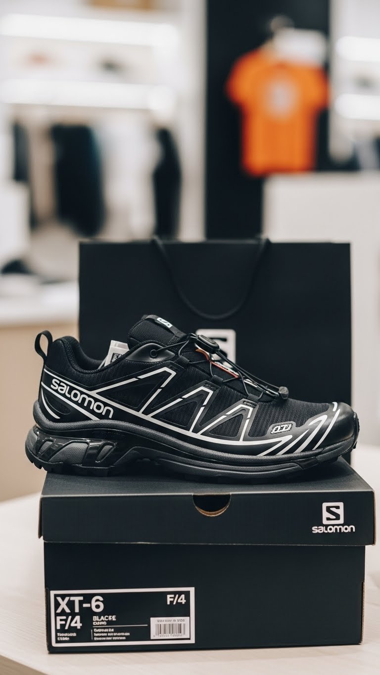 Unopened Salomon XT-6 Black Coffee shoebox with sneaker peeking out in minimalist retail display setting.