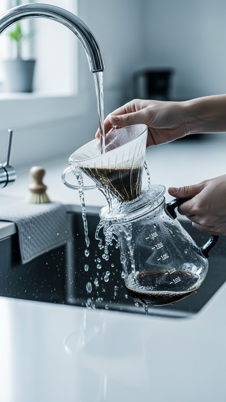 V60 pour-over dripper and carafe being rinsed under running water in clean stainless steel kitchen sink
