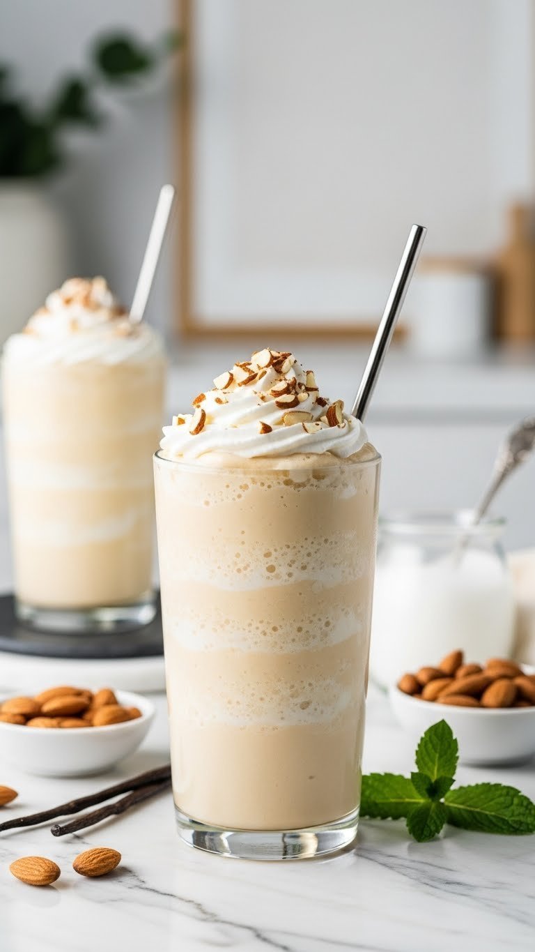 Vanilla almond keto frappe with whipped cream and almond slivers in tall glass with metal straw