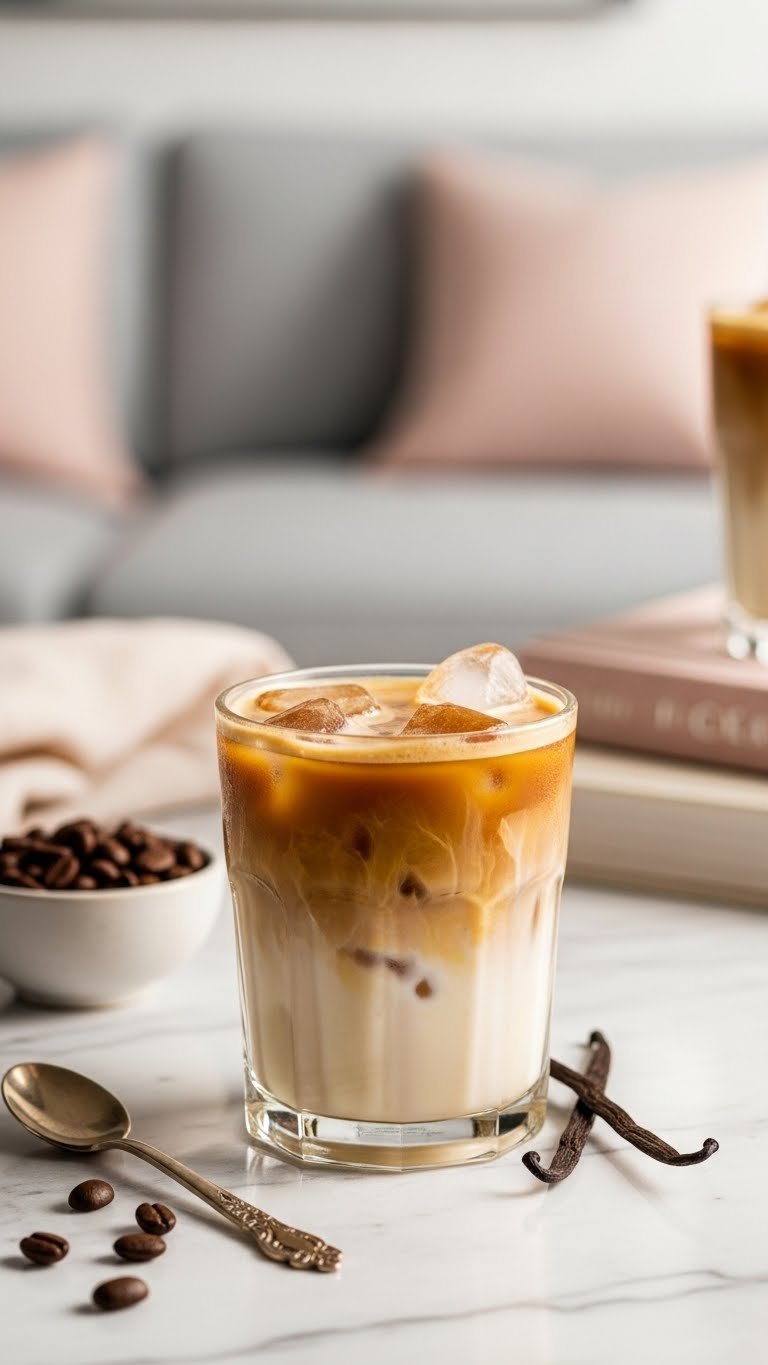 Vanilla almond milk iced coffee in textured glass with vanilla bean garnish on marble countertop