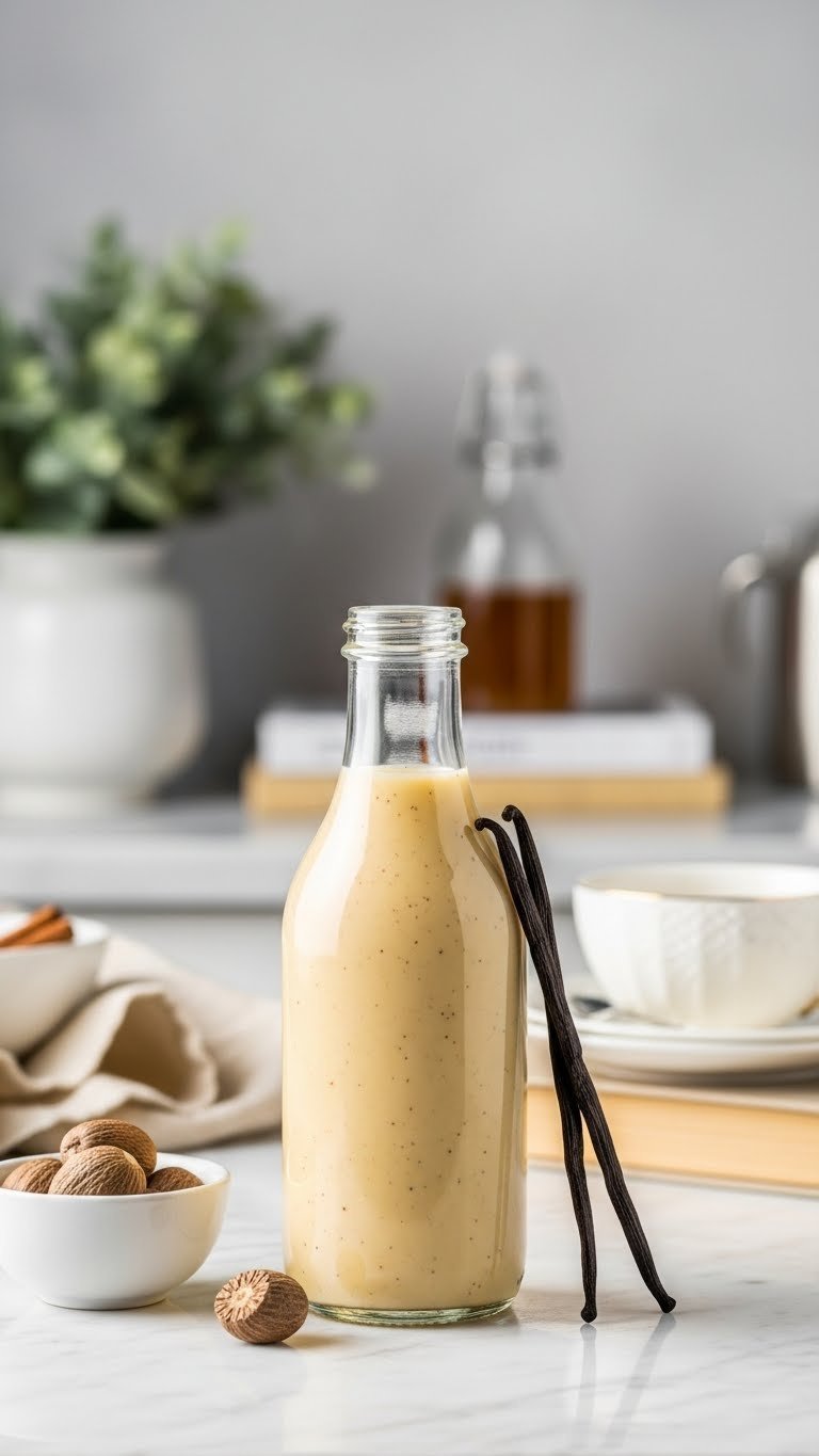 Vanilla bean eggnog coffee syrup in slender bottle with split vanilla pod and nutmeg on light marble countertop