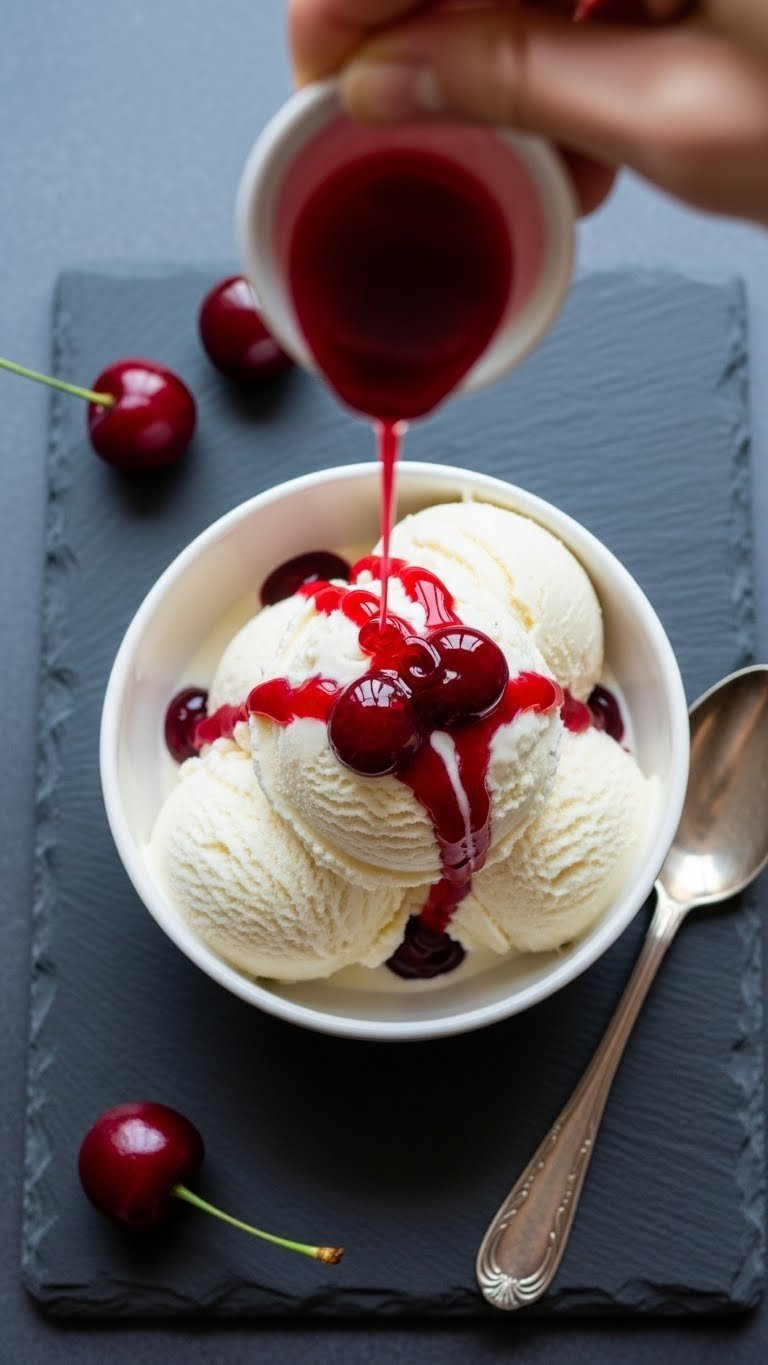 Vanilla bean ice cream scoop in bowl with rich cherry syrup drizzled over top creating beautiful drips down the side