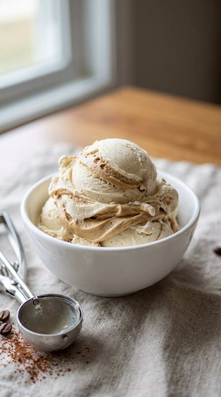 Whipped Coffee Mousse Easy Foolproof Recipe for Beginners 11 Vanilla bean ice cream scoop with ribbons of whipped coffee mousse swirling through in white ceramic bowl