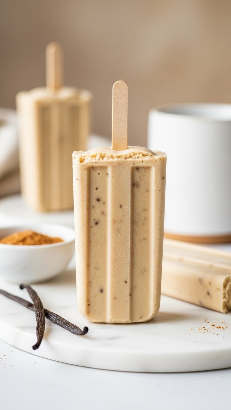 Vanilla bean latte keto coffee popsicle with visible vanilla specks on white marble slab