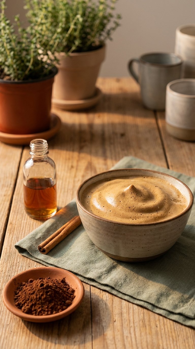 Vanilla extract, cinnamon stick, and cocoa powder arranged next to whipped coffee bowl on rustic wooden table
