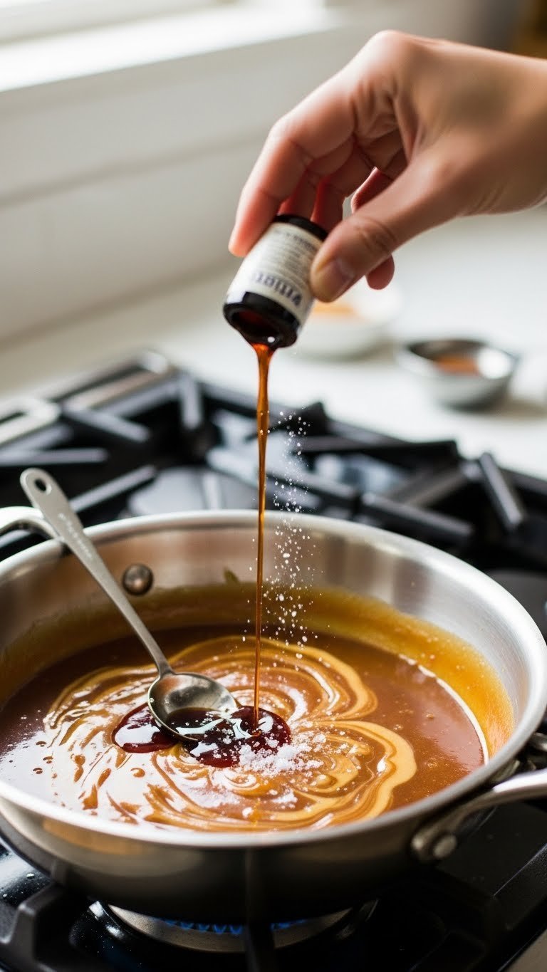Vanilla extract drizzled into warm caramel syrup with flaky sea salt being sprinkled over golden brown mixture in saucepan.