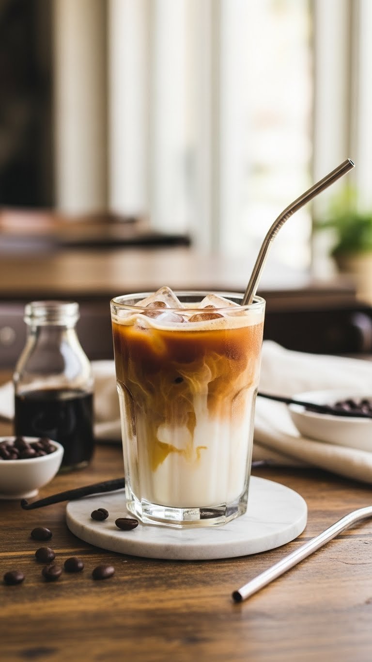 Vanilla iced coffee in clear glass with syrup swirl and foam on rustic wooden table with cafe background