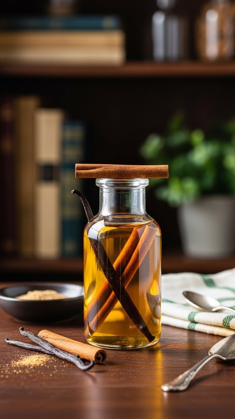 Vanilla-infused cinnamon syrup bottle with submerged vanilla bean pod and cinnamon sticks on dark wood.