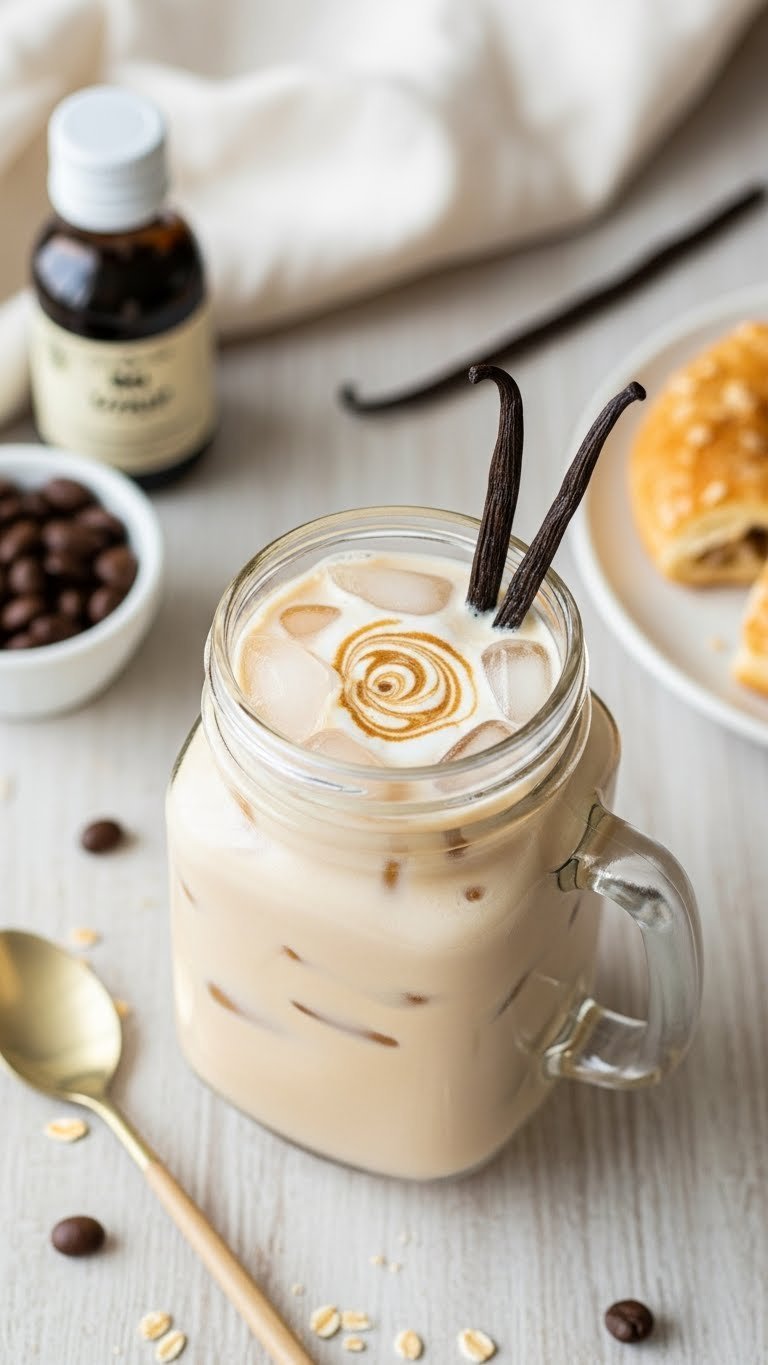 Vanilla-infused iced oat milk coffee in mason jar with pale caramel color and vanilla bean garnish